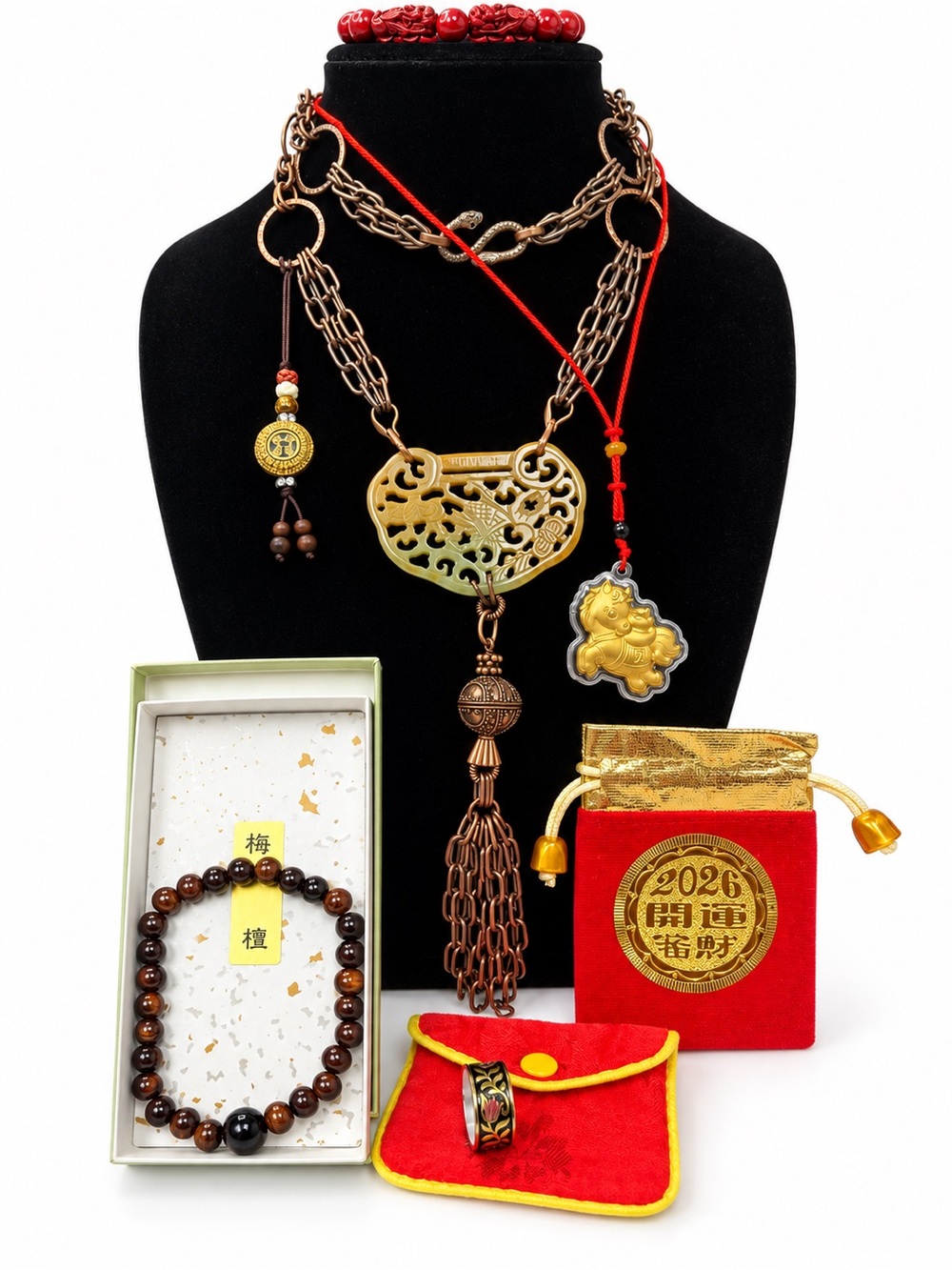Asian Jewelry & Good Luck Lot,Carved Jade Pendant, Prayer Beads,Charms,Bracelets